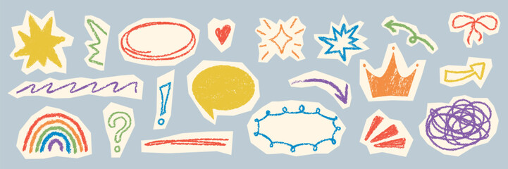 Cute torn paper doodle stickers collection. Playful hand drawn icon set. Sketch accents for collage scrapbook design. Kids childish fun symbols. Colorful speech bubble, crown, star, highlight element