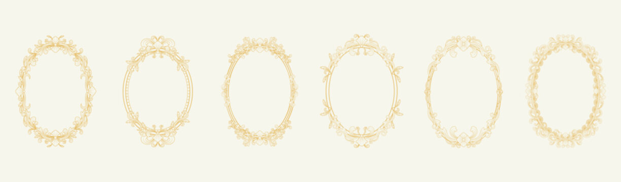 Six vintage baroque oval frames set in gold line art on a pale cream background, elegant decorative borders.