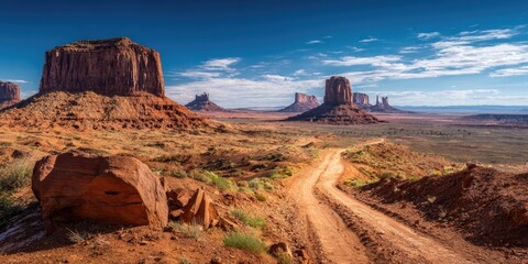 Desert landscape features mesas and a dirt road under a vibrant blue sky