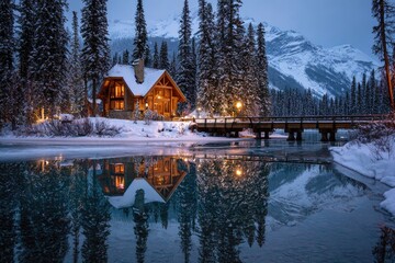 Fototapeta premium Wooden cabin by a tranquil lake surrounded by snow-covered trees and a mountain in winter