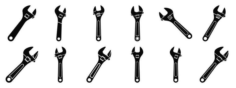 Minimalist black silhouette of a adjustable wrench vector icon set.
