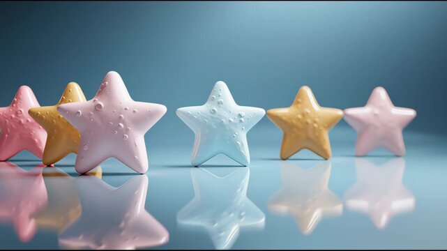 A row of colorful star-shaped objects with textured surfaces and reflections