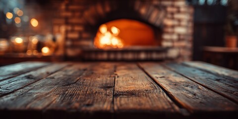 Wooden table in front of a stone pizza oven with fire burning in the background during evening hours