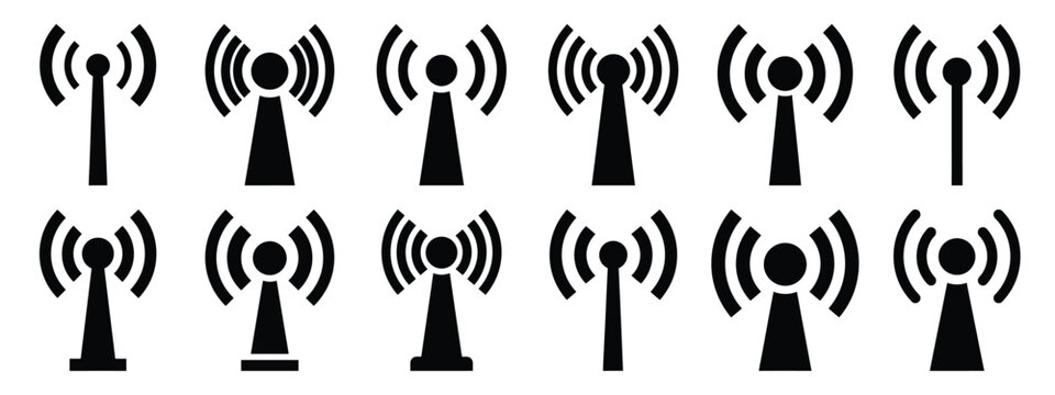 Minimalist black silhouette of a antenna signal vector icon set.