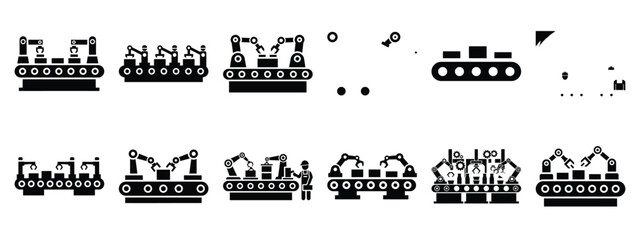 Minimalist black silhouette of a assembly line vector icon set.