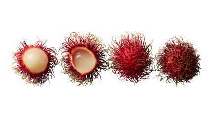 Four spiky red fruits, one sliced to reveal white flesh against a black background