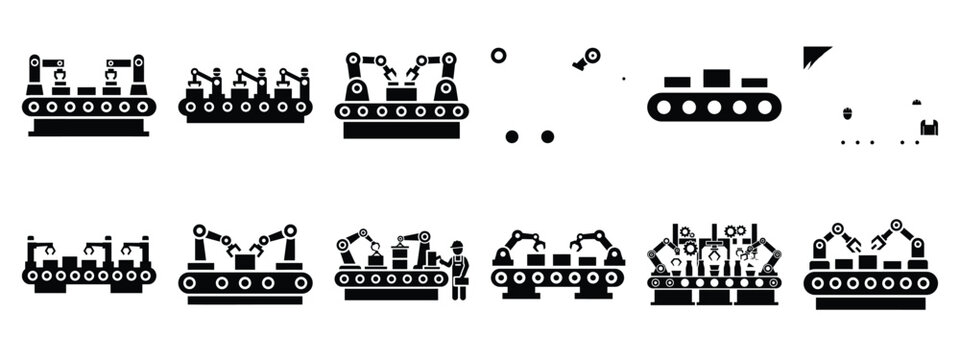 Minimalist black silhouette of a assembly line vector icon set.
