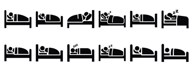 Minimalist black silhouette of a bed sleep vector icon set.