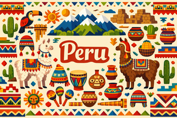 Fototapeta premium Seamless Peruvian Pattern Vector with Llamas, Mountains, and Traditional Textiles