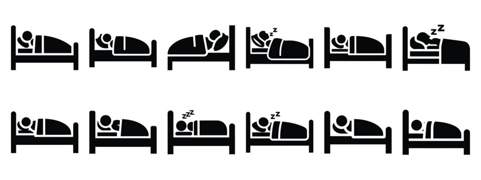 Minimalist black silhouette of a bed sleep vector icon set.