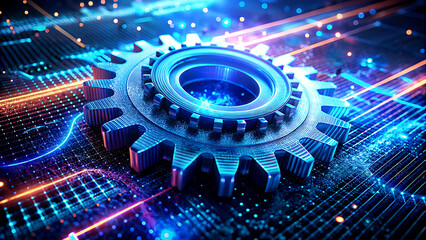 Metal Gear in Futuristic Neon Lighting with Blue Hue on Digital Circuit Board for Technology Background