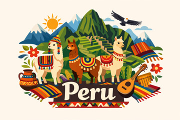 Peruvian Cultural Symbols Flat Vector Illustration with Llamas, Machu Picchu, Andean Mountains, and Traditional Textiles