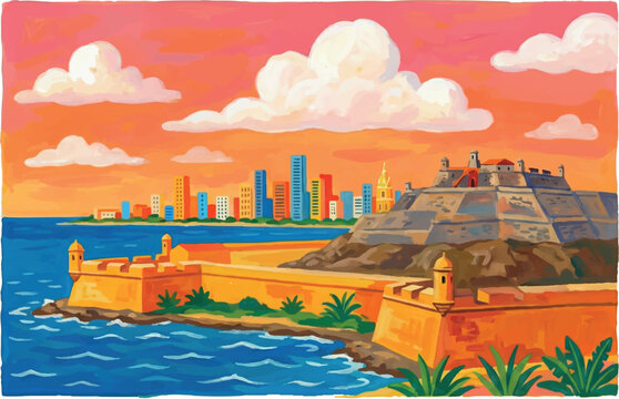 Colorful artistic illustration of Cartagena fortress walls and city skyline at sunset