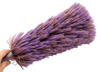 Hand Holding a Purple Microfiber Feather Duster for Dusting Surfaces, Household Cleaning Tool for Home Maintenance Isolated on White