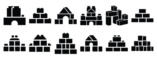 Minimalist black silhouette of a building blocks vector icon set.