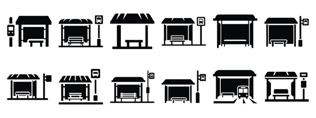 Minimalist black silhouette of a bus stop vector icon set.