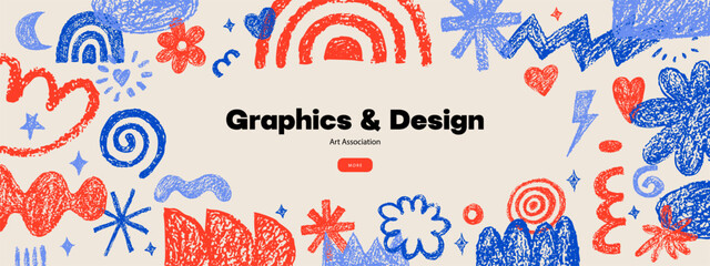 Modern funky crayon hand drawn doodle shapes banner. Grunge colorful pencil scribbles for collages design. Vector illustration. Geometric pattern background