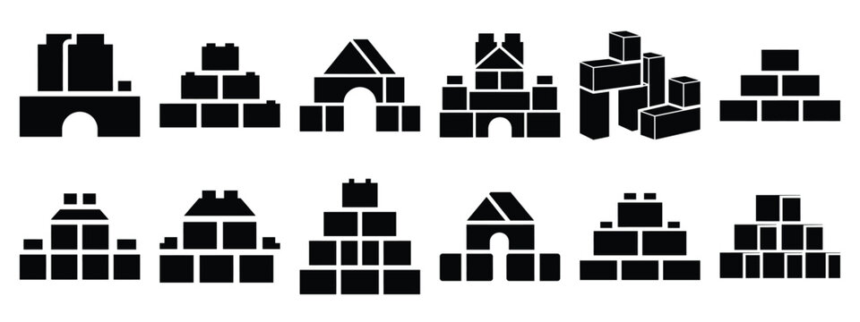 Minimalist black silhouette of a building blocks vector icon set.