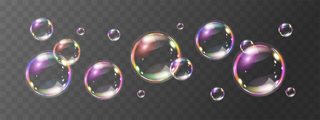 Realistic flying soap bubbles on transparent background. Glossy volume rounded aqua droplet. 3D glass liquid shape with holographic effect. 3D vector illustration.