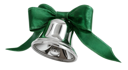 Shiny silver bell with hanging clapper, adorned with a large, bright green bow