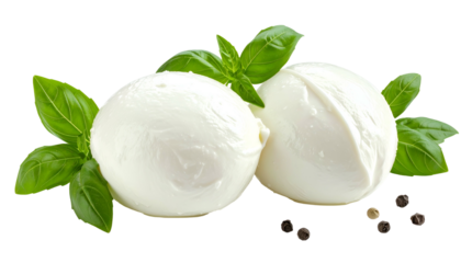 Two mozzarella balls with basil leaves and peppercorns on a transparent background