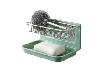 Wall Mounted Green Soap Dish Holder with White Soap Bar and Metal Wire Scrubber, Bathroom or Kitchen Hygiene Accessory Isolated on White