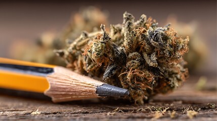 Close-up macro of a dried botanical specimen next to a yellow wooden writing implement