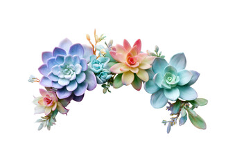 A cluster of colorful succulent plants arranged in an arch against a black backdrop