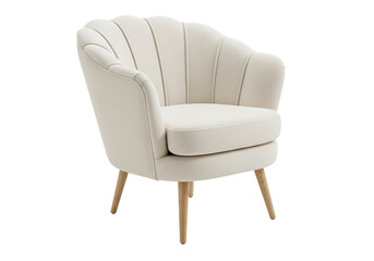 Modern cream velvet armchair with vertical channel tufting and tapered wooden legs isolated on white background