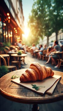 Cinematic croissant and latte on cafe table with soft natural light, outdoor Paris cafe atmosphere, premium food photography for branding and design.