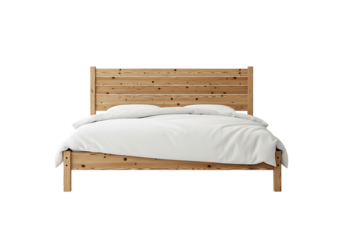 Minimalist wooden bed frame with comfortable white duvet and pillows, modern scandinavian bedroom furniture isolated on white