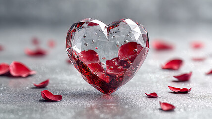 Clear glass heart with pink rose petals inside, resting on a wet surface. A romantic symbol of love, tenderness, and emotion.