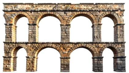 Ancient stone aqueduct with multiple archways, detailed texture, weathered appearance