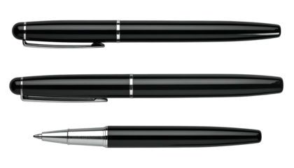Three sleek black pens with silver accents, shown in parallel, against a black background