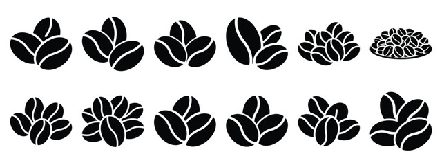 Minimalist black silhouette of a coffee beans vector icon set.