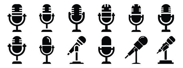 Minimalist black silhouette of a conference mic vector icon set.