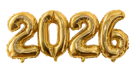 Golden foil balloons display "2026" against a black backdrop, celebrating the future