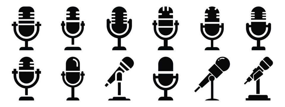 Minimalist black silhouette of a conference mic vector icon set.