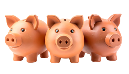 Three ceramic piggy banks, lined up, smiling faces, ready to store savings