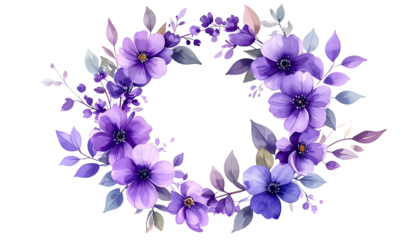Watercolor floral wreath in shades of purple with a transparent background