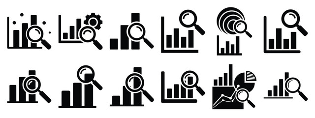 Minimalist black silhouette of a data analytics vector icon set.