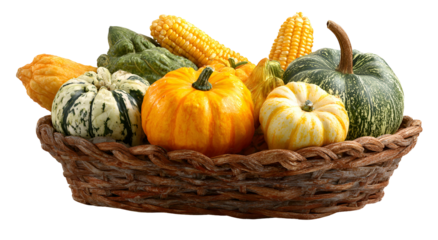 A woven basket brimming with various colorful gourds and ears of corn