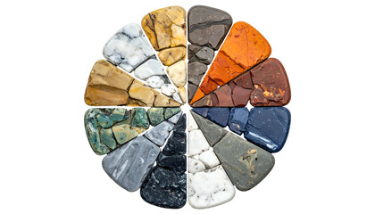 A radial composition of various colored stone fragments, arranged like a color wheel