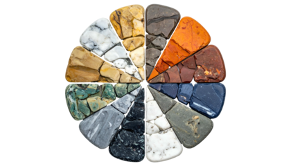 A radial composition of various colored stone fragments, arranged like a color wheel