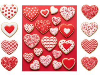 Variety of heart-shaped cookies with red and white icing isolated on transparent background