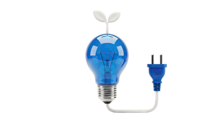 Blue light bulb with plant sprouts and power plug symbolizing green energy