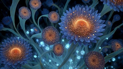 Vibrant blue and orange flowers blooming in radiant spirals with glowing blue lights on dark background with blue flowers and blooming flowers
