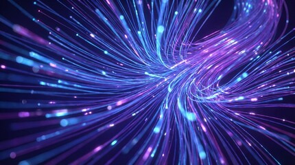 Vibrant purple and blue light trails swirling in a futuristic abstract background.