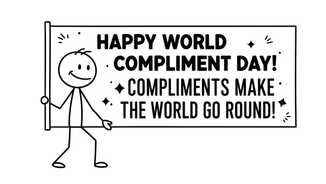 Stick Figure Holding Banner for Happy World Compliment Day with Inspiring Message on Isolated White Background