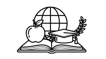 Academic Symbolism of Education with Open Book, Graduation Cap, Apple, and Globe on Isolated White Background